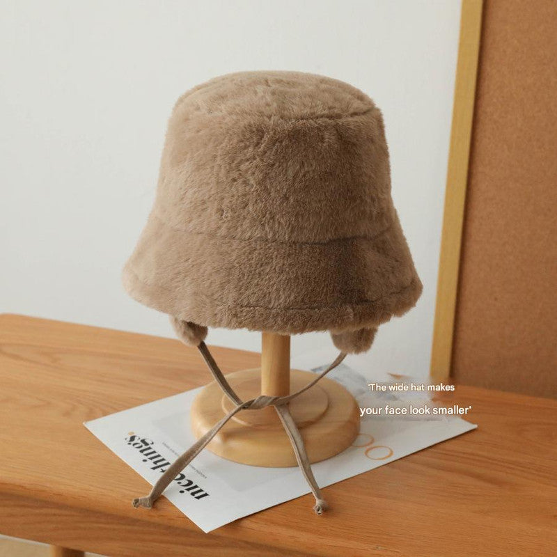 Plush Bucket Hat with Ear Flaps,Warm Furry Winter Hat in White-One size (54-59cm) adjustable Tristar Online