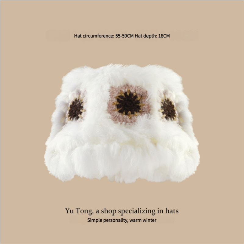 Plush Floral Bucket Hat,Warm Crocheted Winter Hat in White Pink-Hat circumference: 56-60cm Tristar Online