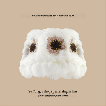 Plush Floral Bucket Hat,Warm Crocheted Winter Hat in White Pink-Hat circumference: 56-60cm Tristar Online