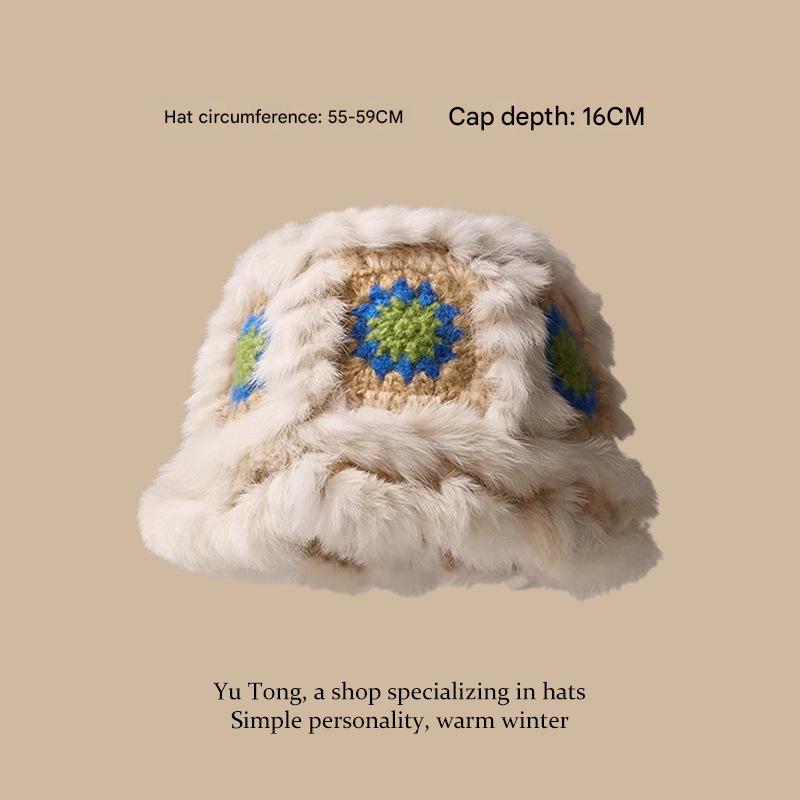 Plush Floral Bucket Hat,Warm Crocheted Winter Hat in Beige-Hat circumference: 56-60cm Tristar Online