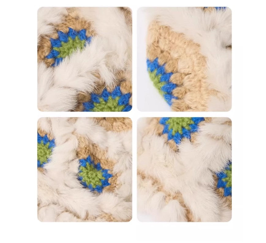 Plush Floral Bucket Hat,Warm Crocheted Winter Hat in White yellow-Hat circumference: 56-60cm Tristar Online