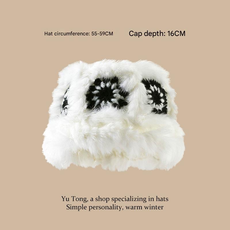 Plush Floral Bucket Hat,Warm Crocheted Winter Hat in Black and White-Hat circumference: 56-60cm Tristar Online