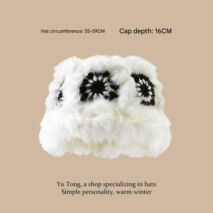 Plush Floral Bucket Hat,Warm Crocheted Winter Hat in Black and White-Hat circumference: 56-60cm Tristar Online