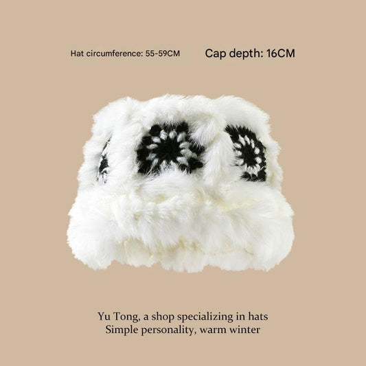 Plush Floral Bucket Hat,Warm Crocheted Winter Hat in Black and White-Hat circumference: 56-60cm Tristar Online