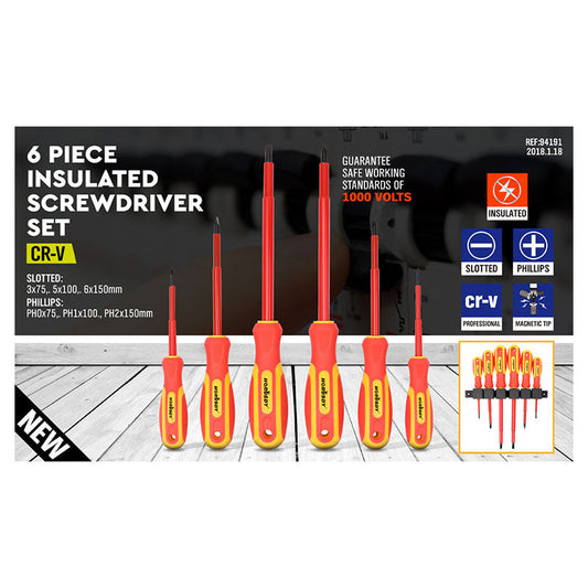 6-Piece Insulated Screwdriver Set - 1000V Rated, CR-V Steel with Magnetic Tips & Wall Rack Tristar Online