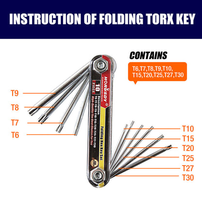 10-Piece Folding Torx Key Wrench Set - T6-T30 Star Keys, Portable Multi-Tool(silver) Tristar Online
