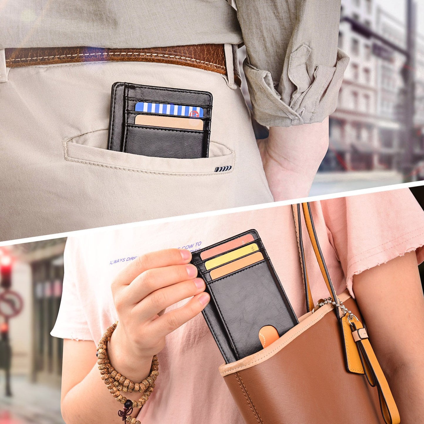 Slim Minimalist Leather Wallet with ID Window & RFID Blocking - Holds 12 Cards & Cash(Black) Tristar Online