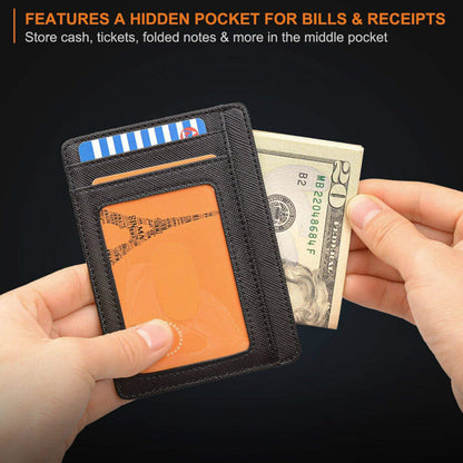 Slim Minimalist Leather Wallet with ID Window & RFID Blocking - Holds 12 Cards & Cash(Navy blue) Tristar Online