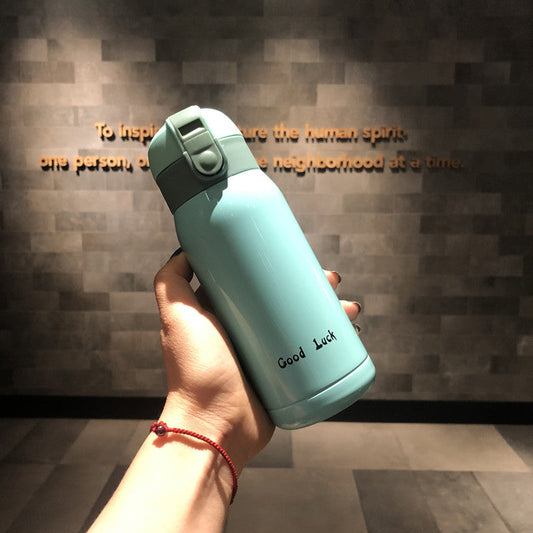 Good Luck" Mini Stainless Steel Thermos Flask - 350ml Leakproof Insulated Bottle with Pop-Up Lid & Strap(blue)" Tristar Online
