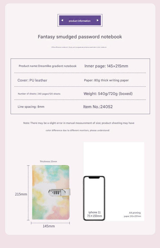 A5 Tie-Dye Journal with Combination Lock - 240 Pages, Soft Touch Cover Diary(Pink Green) Tristar Online