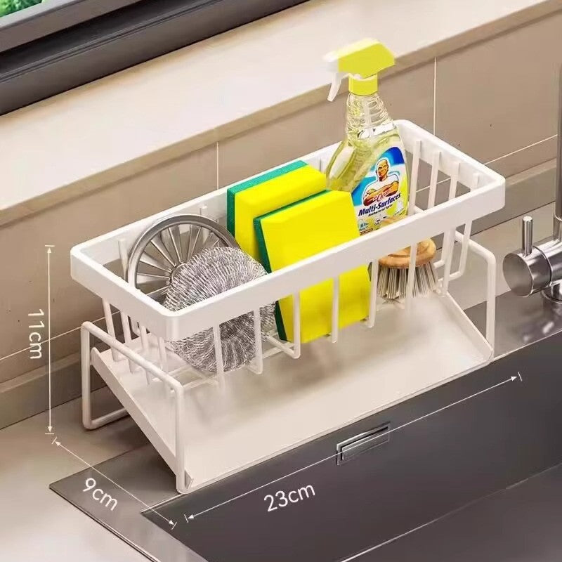 Kitchen Sink Caddy Organizer with Towel Bar & Drain Tray - Durable Metal Sponge Holder(White) Tristar Online