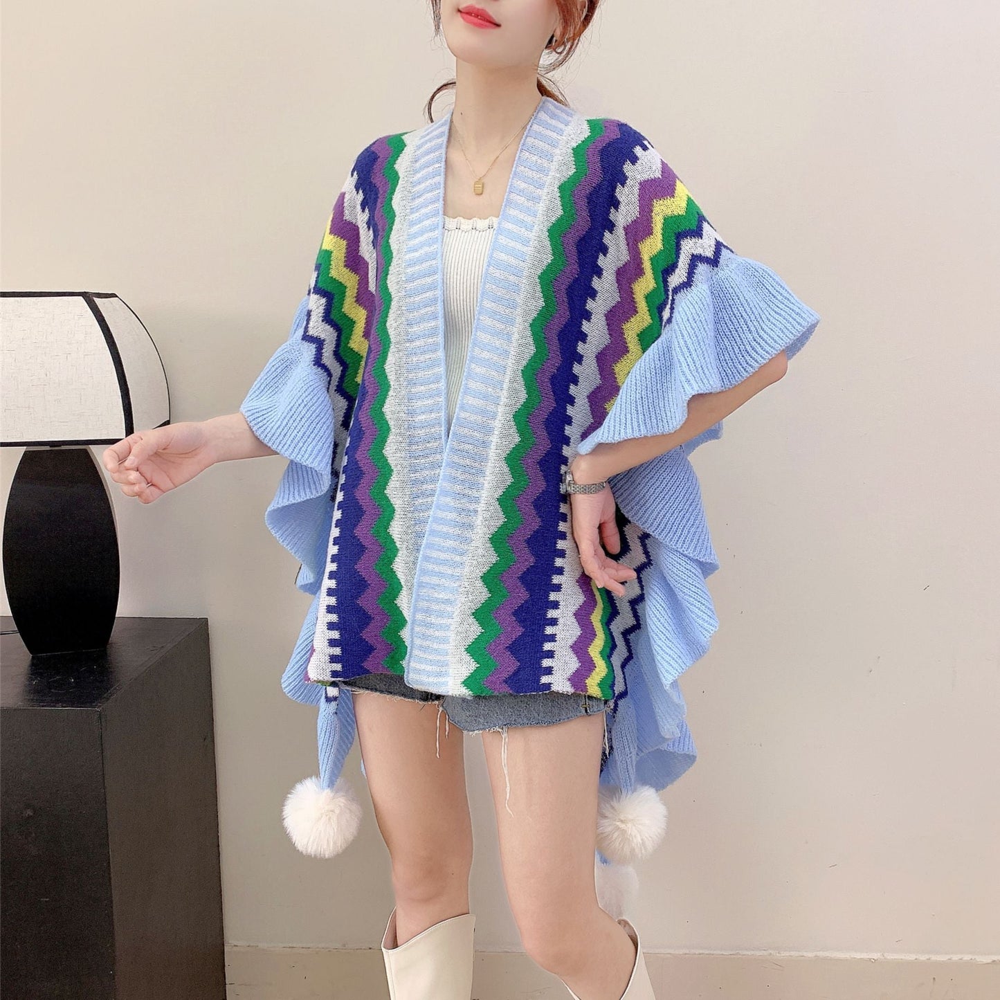 Light blue Women's printed knitted cardigan cape with ruffled sleeves (Style 2) Tristar Online