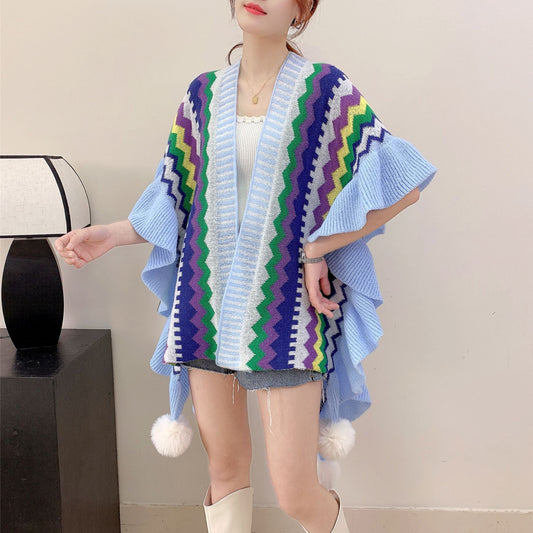 Light blue Women's printed knitted cardigan cape with ruffled sleeves (Style 2) Tristar Online