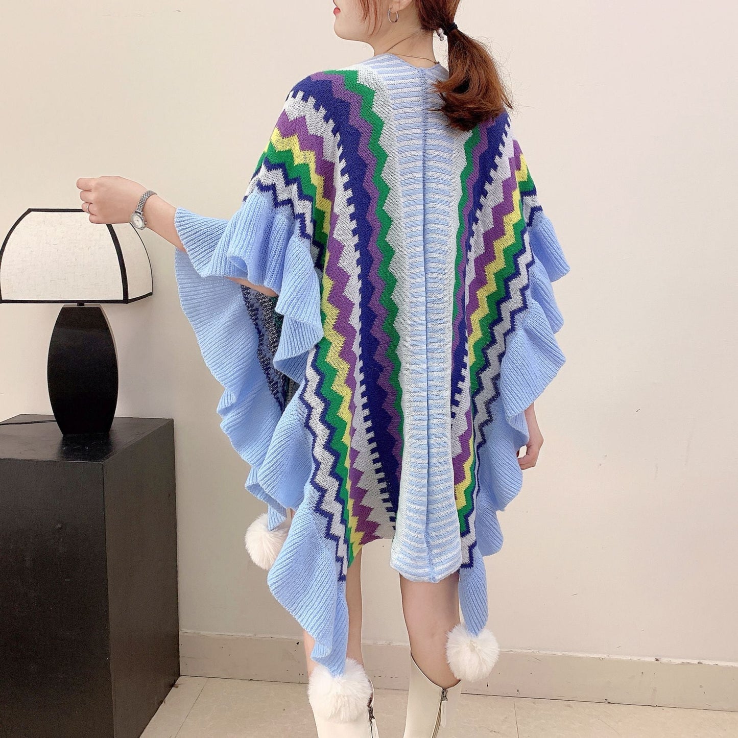 Light blue Women's printed knitted cardigan cape with ruffled sleeves (Style 2) Tristar Online