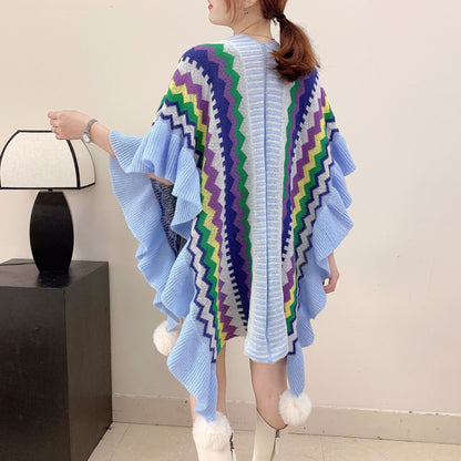 Light blue Women's printed knitted cardigan cape with ruffled sleeves (Style 2) Tristar Online