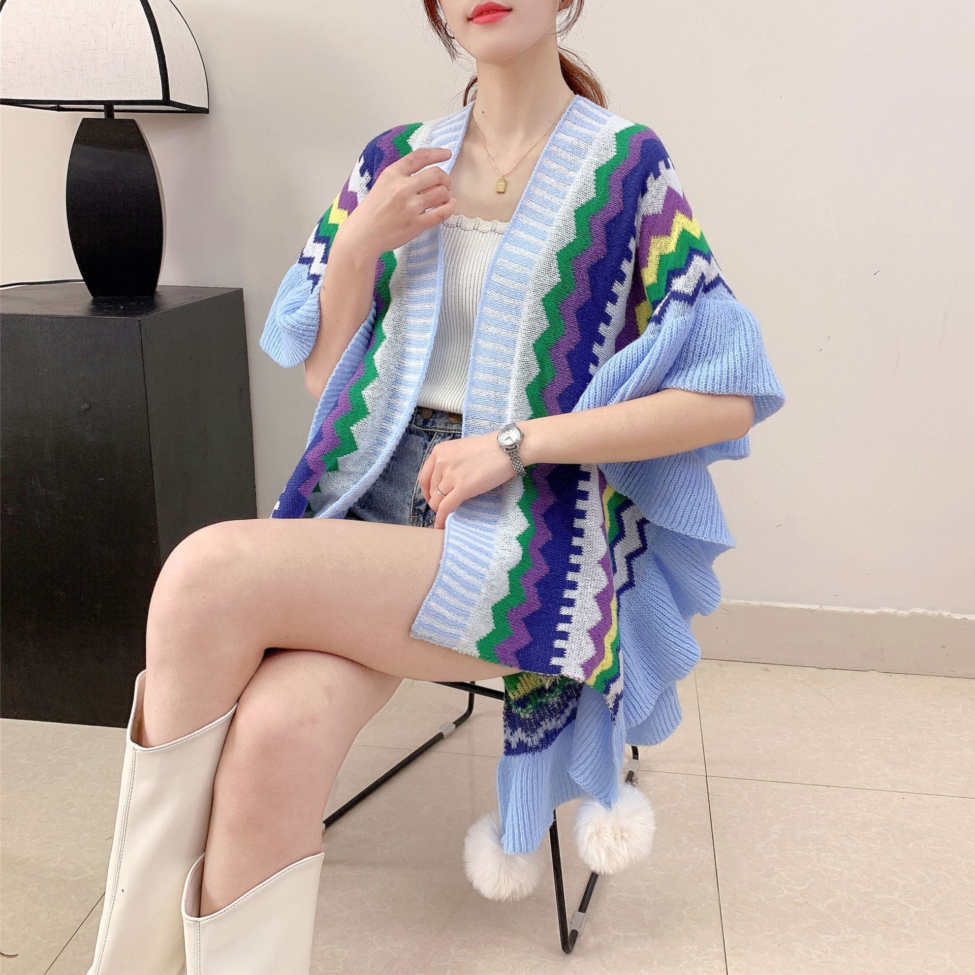 Light blue Women's printed knitted cardigan cape with ruffled sleeves (Style 2) Tristar Online