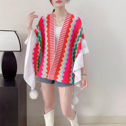 Red Women's printed knitted cardigan cape with ruffled sleeves (Style 1) Tristar Online