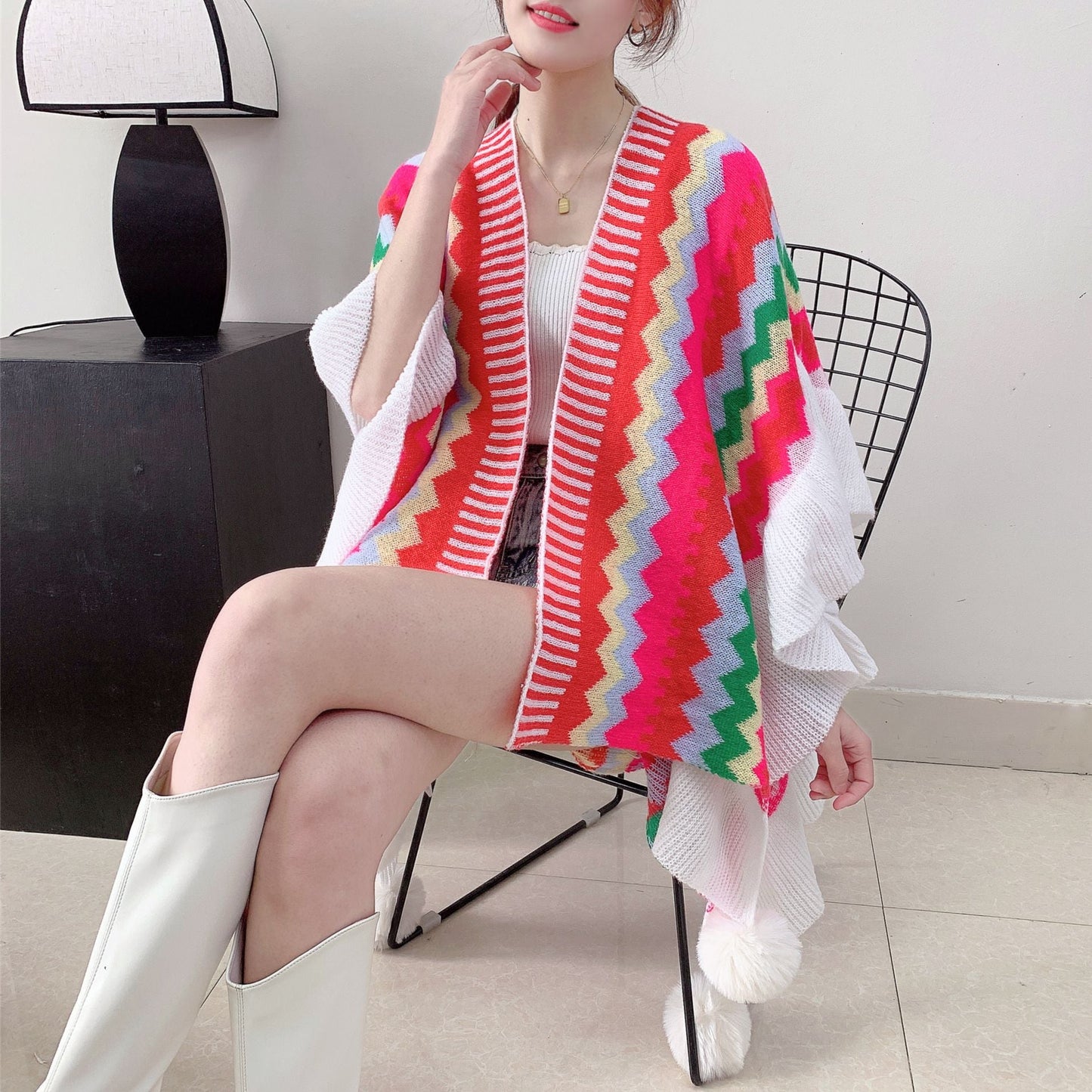 Red Women's printed knitted cardigan cape with ruffled sleeves (Style 1) Tristar Online