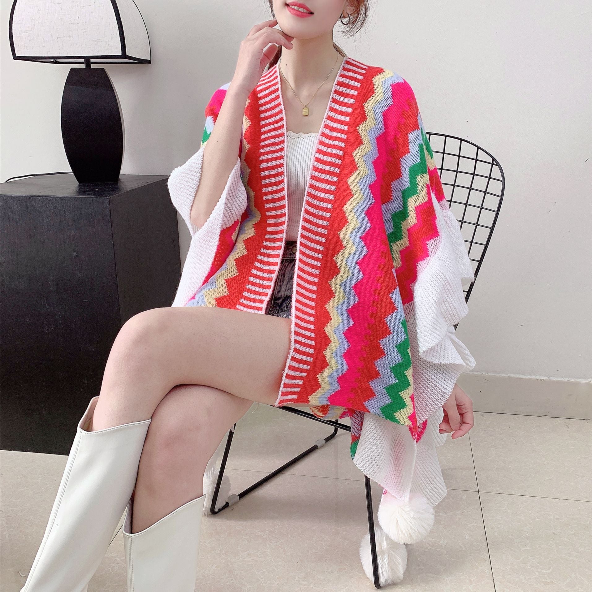 Red Women's printed knitted cardigan cape with ruffled sleeves (Style 1) Tristar Online