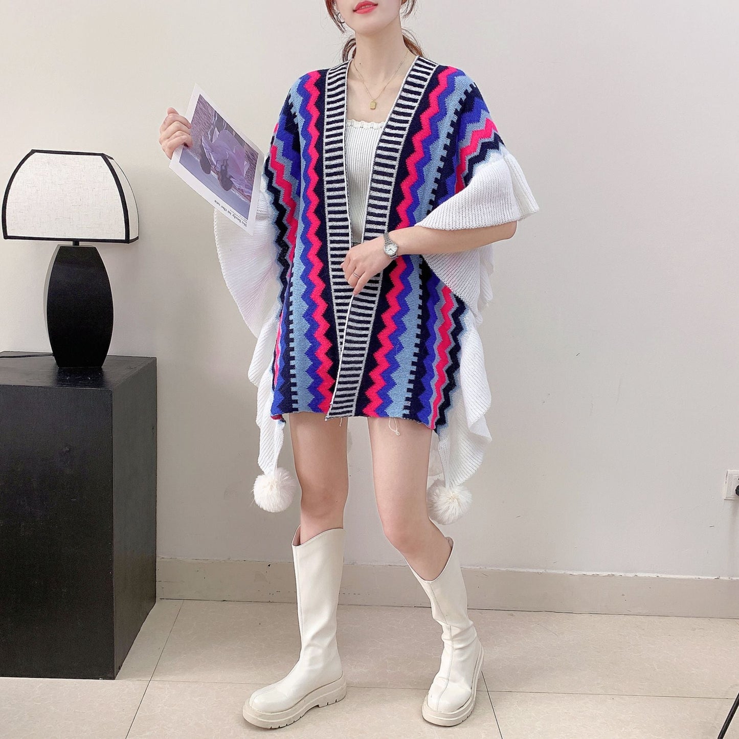 Blue Black Women's printed knitted cardigan cape with ruffled sleeves (Style 6) Tristar Online