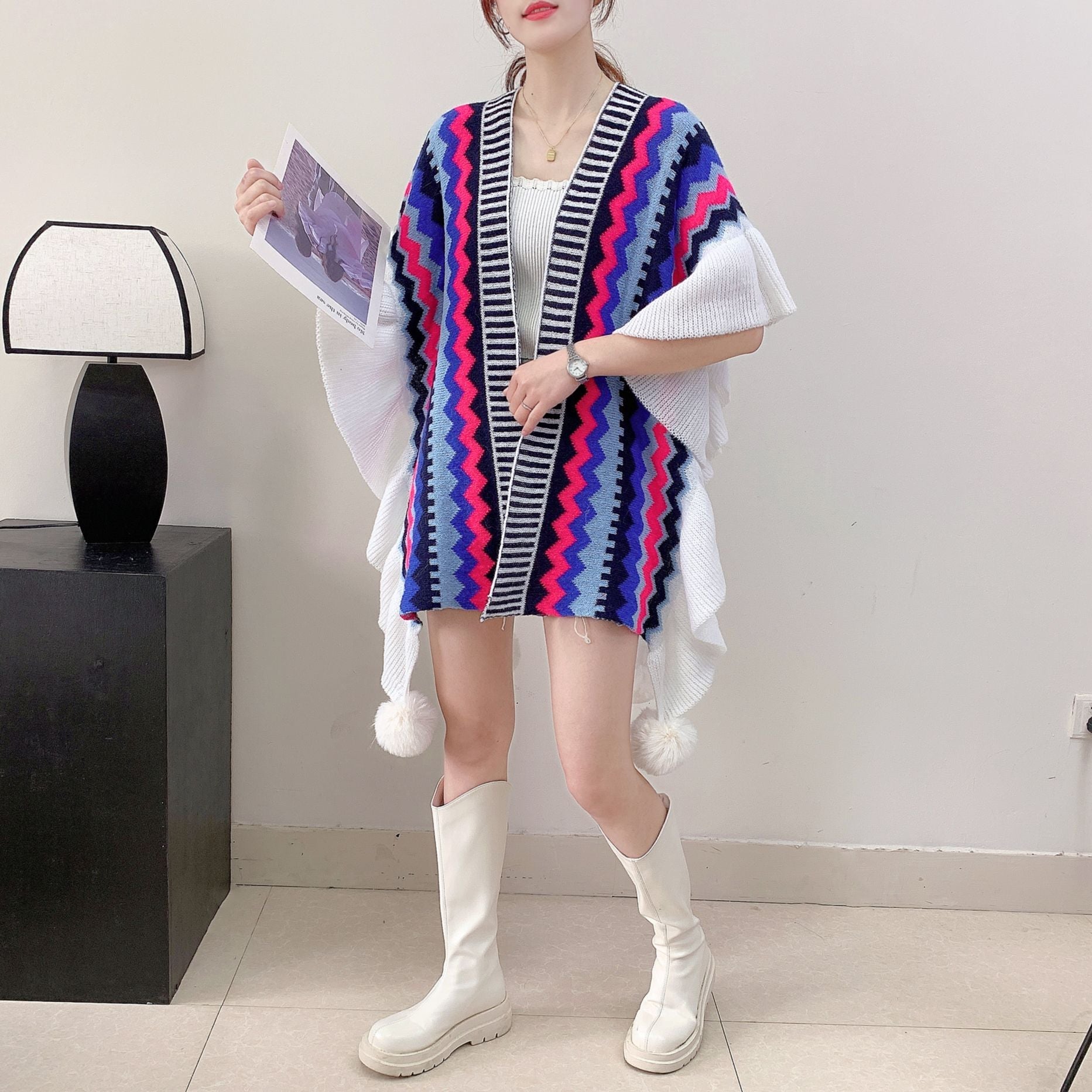 Blue Black Women's printed knitted cardigan cape with ruffled sleeves (Style 6) Tristar Online