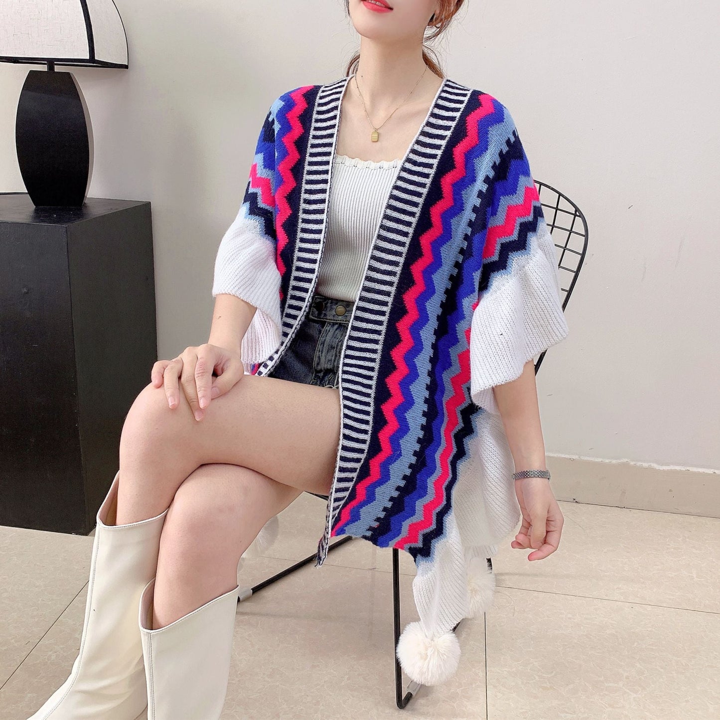 Blue Black Women's printed knitted cardigan cape with ruffled sleeves (Style 6) Tristar Online