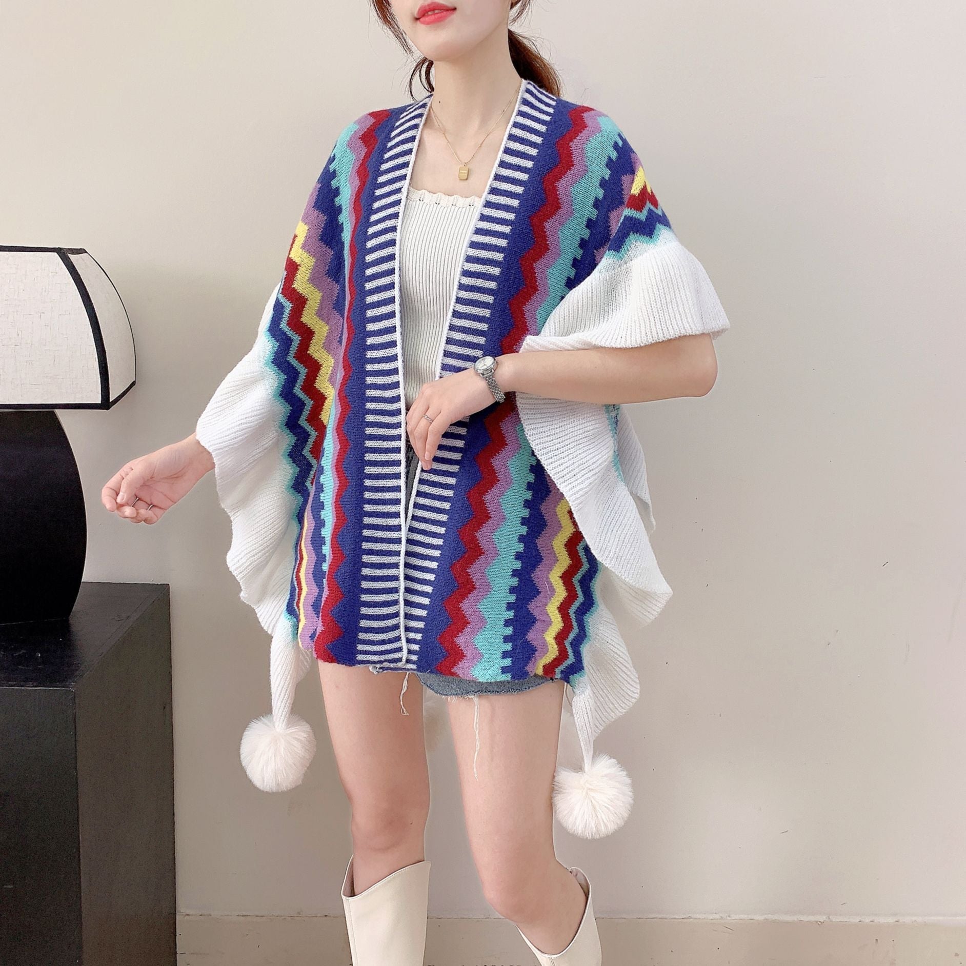 Dark Blue Women's printed knitted cardigan cape with ruffled sleeves (Style 3) Tristar Online