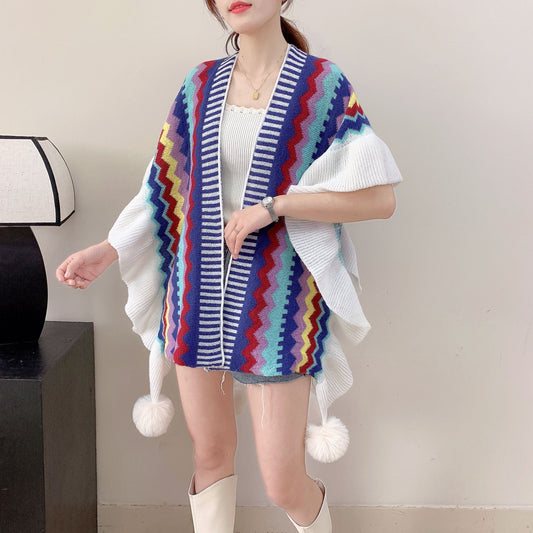 Dark Blue Women's printed knitted cardigan cape with ruffled sleeves (Style 3) Tristar Online