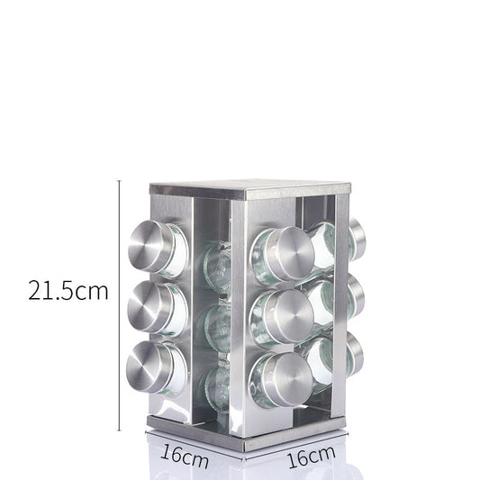 Modern stainless steel square spice revolving rack with 12 (88 ml each) empty glass jars Tristar Online