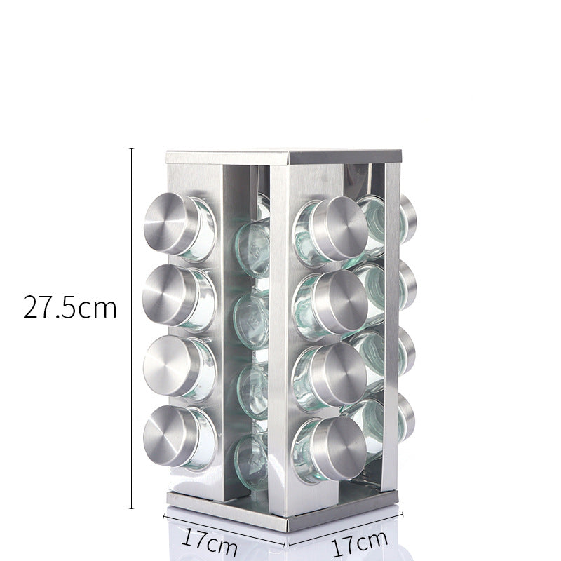 Modern stainless steel square spice revolving rack with 16 (88 ml each) empty glass jars Tristar Online