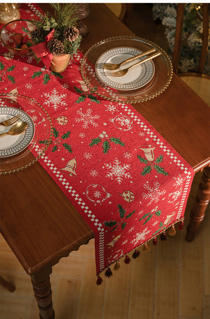 Red Christmas Table Runner with Tassels - Festive Snowflake & Bell Print (35*220cm) Tristar Online