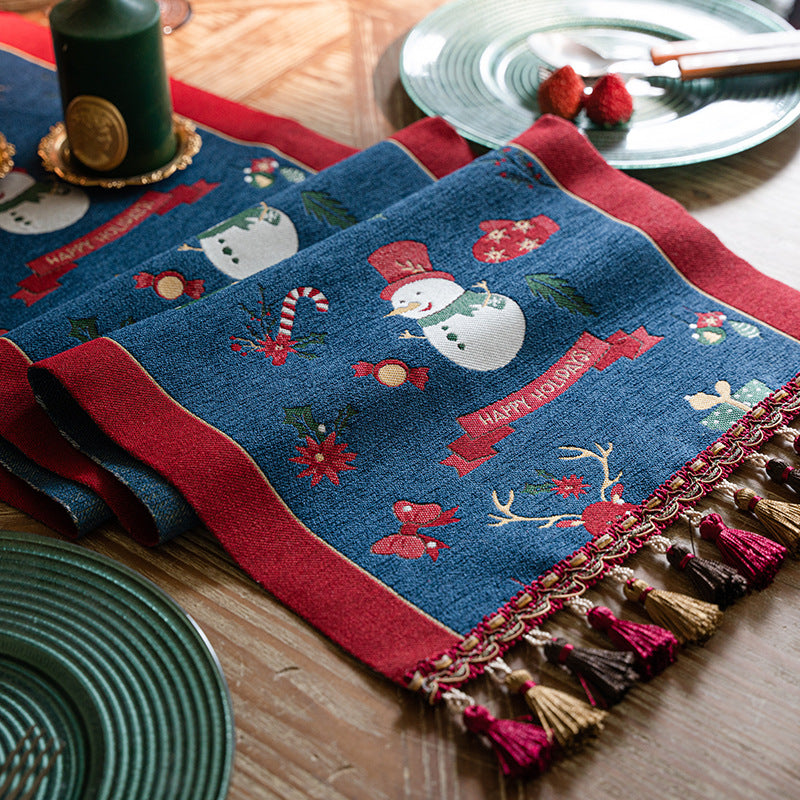 Blue Christmas Festive Table Runner - Blue with Snowman, Reindeer and Happy Holidays (35*220cm) Tristar Online
