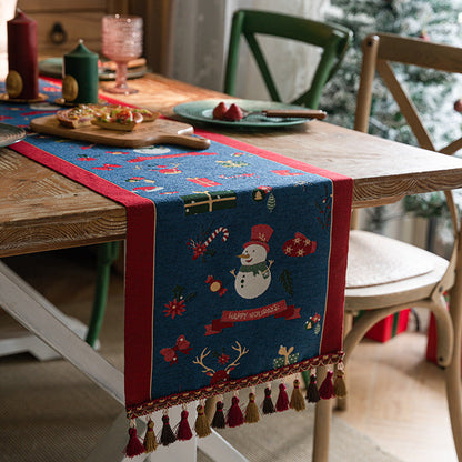 Blue Christmas Festive Table Runner - Blue with Snowman, Reindeer and Happy Holidays (35*220cm) Tristar Online