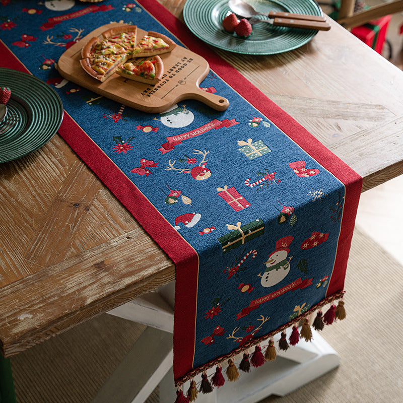 Blue Christmas Festive Table Runner - Blue with Snowman, Reindeer and Happy Holidays (35*180cm) Tristar Online