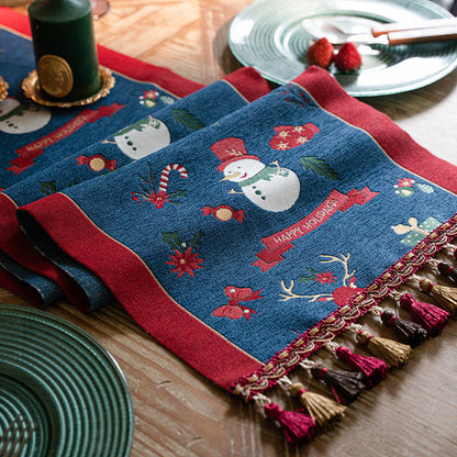 Blue Christmas Festive Table Runner - Blue with Snowman, Reindeer and Happy Holidays (35*180cm) Tristar Online