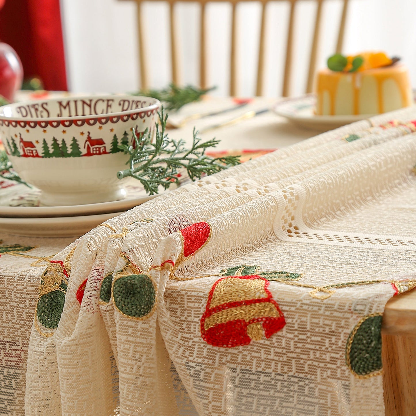 Embroidered Christmas Tablecloth - Embroidered Bells & Holly Design (140*140cm) Tristar Online