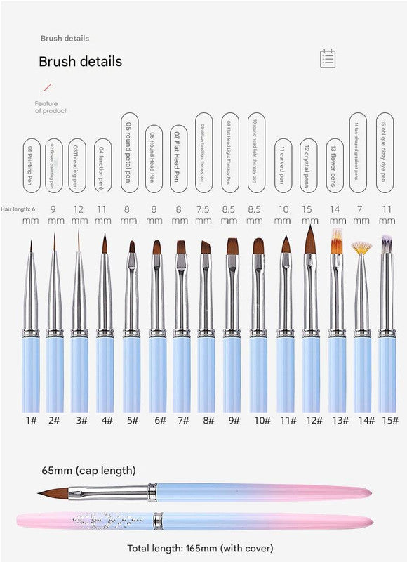 Professional Nail Art Brush Kit (15pcs) - Gradient Handles Manicure Tools Tristar Online