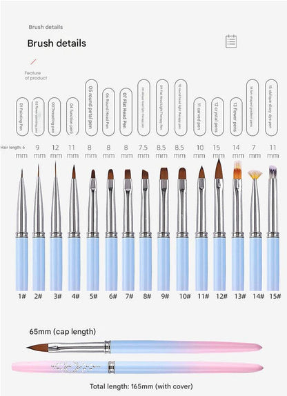 Professional Nail Art Brush Kit (15pcs) - Gradient Handles Manicure Tools Tristar Online