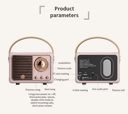 Pink Retro Bluetooth Speaker - Portable Mini Wireless Speaker with Vintage Radio Design (Product size: 7x11x5cm) Tristar Online