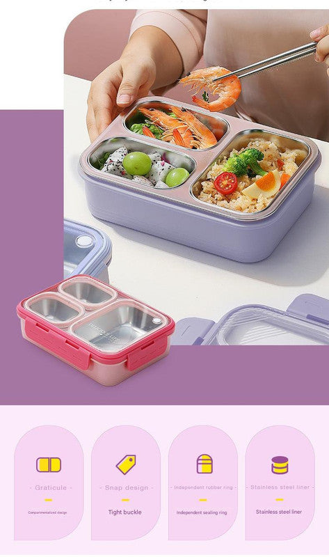 Purple 3-Compartment Stainless Steel Bento Lunch Box - Leak-Proof, for Kids & Adults for School & Office Tristar Online