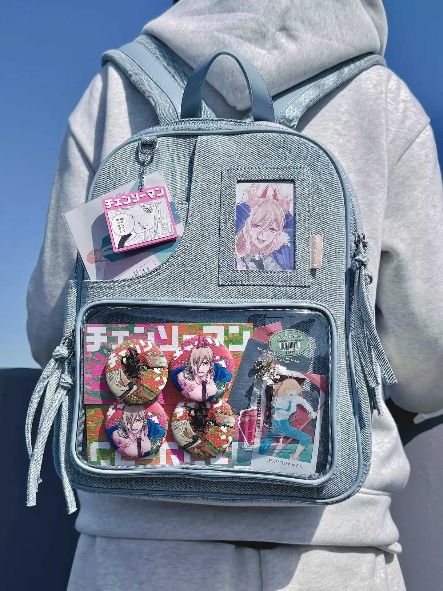 Light blue Large Capacity Anime Denim Bookbag for School Commute  Anime Fans Tristar Online