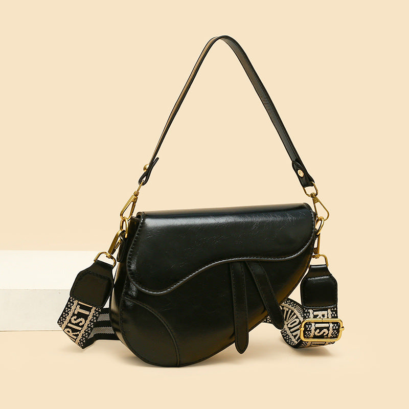 Black Chic Saddle Crossbody Bag with Wide Guitar Strap - PU Leather Tristar Online