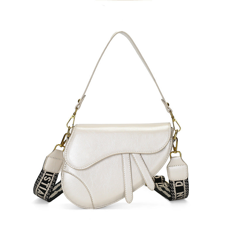 White Chic Saddle Crossbody Bag with Wide Guitar Strap - PU Leather Tristar Online