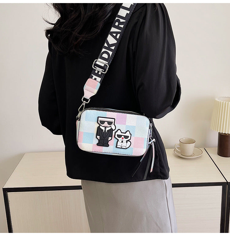 Pink plaid Unique Doodle Print PU Leather Bag - Lightweight Crossbody with Character Tristar Online
