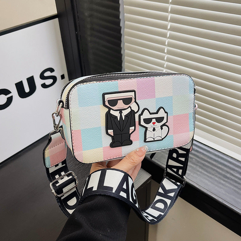 Pink plaid Unique Doodle Print PU Leather Bag - Lightweight Crossbody with Character Tristar Online