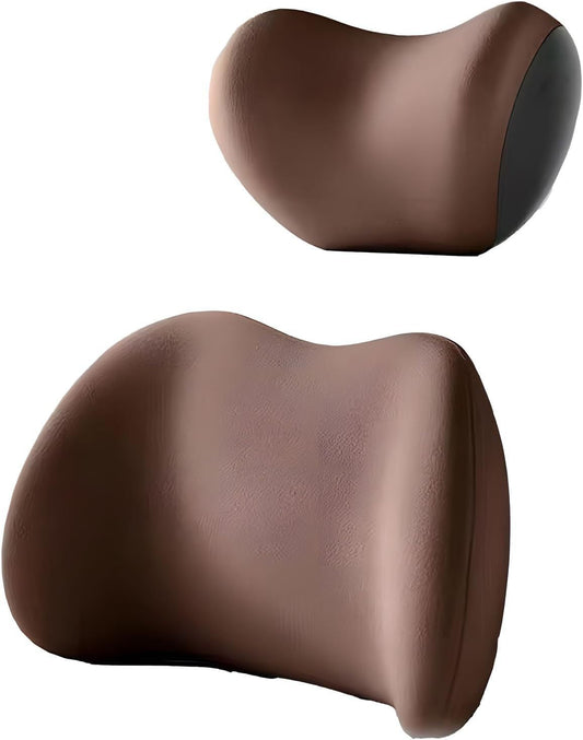 Brown Ergonomic Memory Foam Car Headrest & Lumbar Support Cushion Set - Driving Comfort Neck & Back Pillow Tristar Online