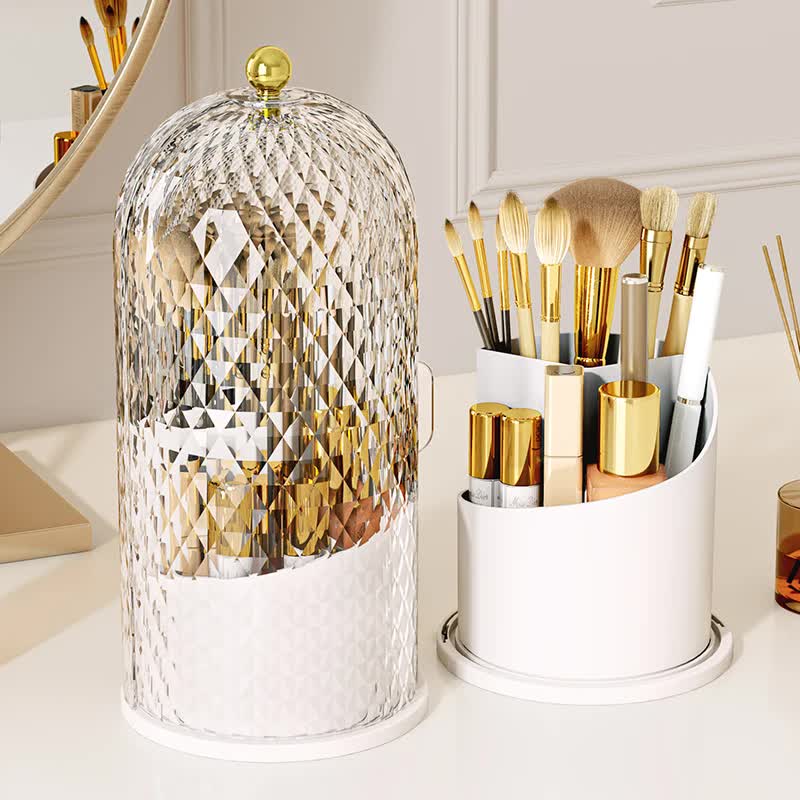 White Elegant 360 Rotating Makeup Brush Holder & Cosmetic Organizer with Dustproof Dome Lid(Makeup is a prop for shooting and is not included) Tristar Online