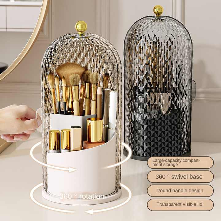 White Elegant 360 Rotating Makeup Brush Holder & Cosmetic Organizer with Dustproof Dome Lid(Makeup is a prop for shooting and is not included) Tristar Online