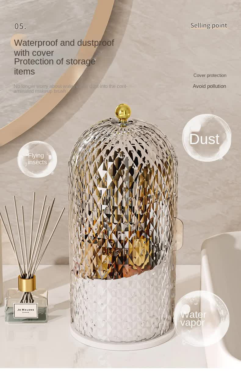 White Elegant 360 Rotating Makeup Brush Holder & Cosmetic Organizer with Dustproof Dome Lid(Makeup is a prop for shooting and is not included) Tristar Online