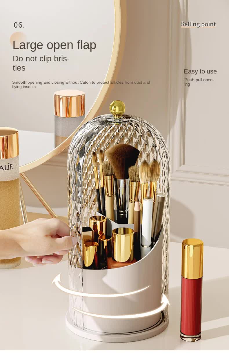 White Elegant 360 Rotating Makeup Brush Holder & Cosmetic Organizer with Dustproof Dome Lid(Makeup is a prop for shooting and is not included) Tristar Online